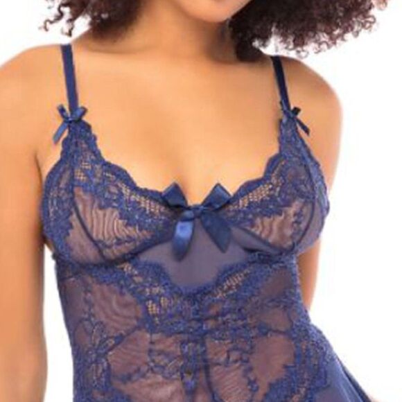 Blue Floral Sheer Lace Babydoll And G-String Set Lingerie‎ - Picture 6 of 9